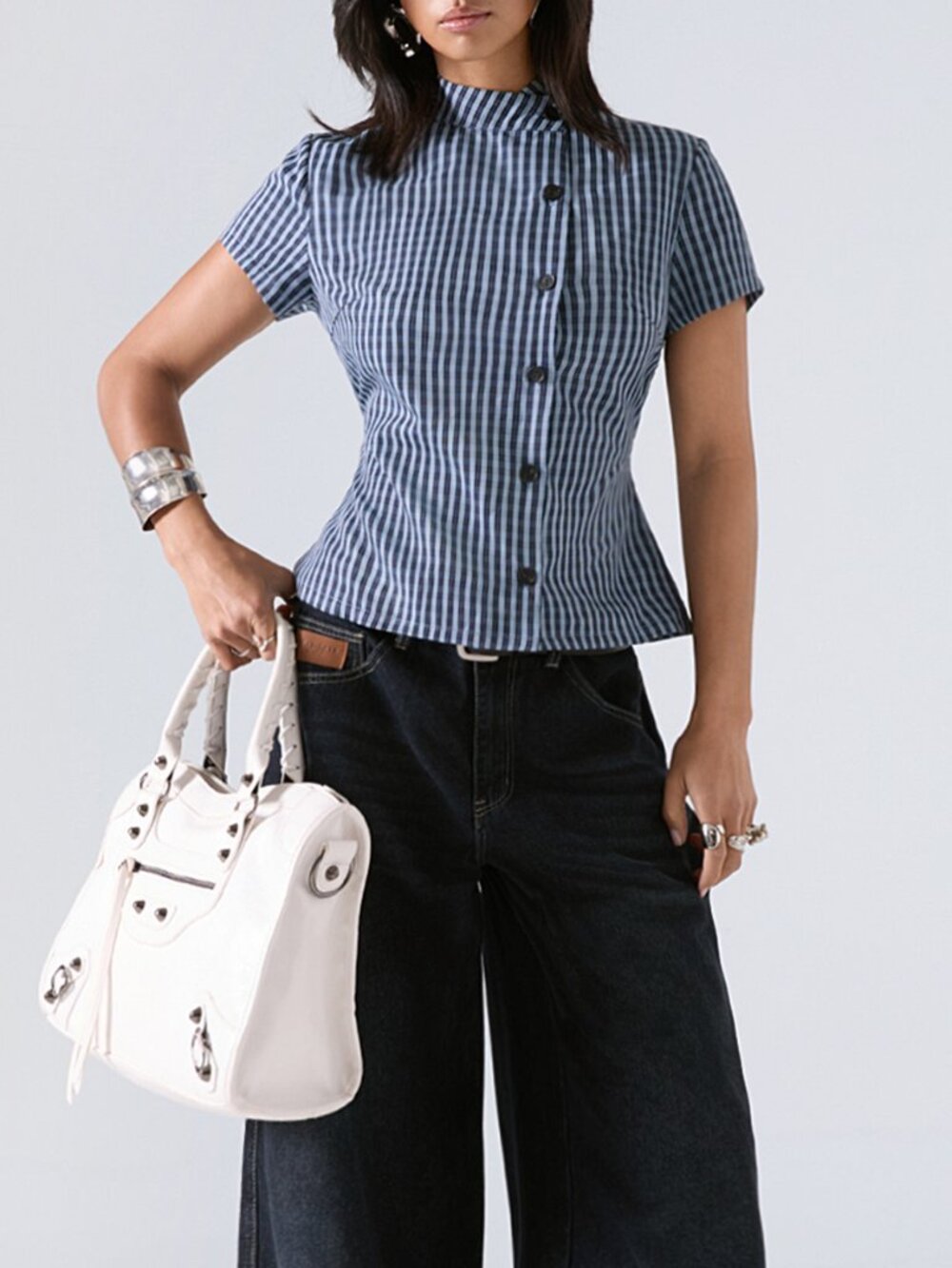 Blue Casual Women's Stand Collar Regular Fit Shirt Blouse - Picture 2 of 8